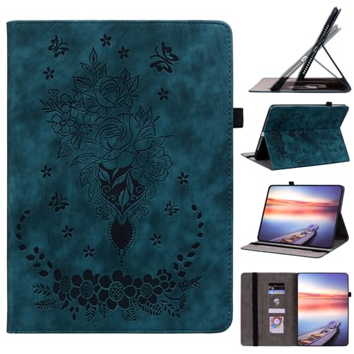 DayQiQiPu PU Ledertasche für Amazon Fire HD 10 Tablet (10,1 Zoll, 13th Generation, 2023 Freigabe) Gartenrosen Blume Muster Flip Tablet Hülle Kartenschlitz Ständer Schutzhülle,Dunkelblau von Generisch