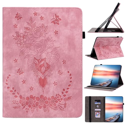 DayQiQiPu PU Ledertasche für Amazon Fire HD 10 Tablet (10,1 Zoll, 13th Generation, 2023 Freigabe) Gartenrosen Blume Muster Flip Tablet Hülle Kartenschlitz Ständer Schutzhülle,Rosa von Generisch