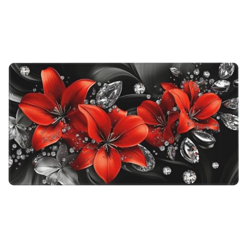 Gaming Mauspad XXL,1200 x 600 x 3mm Mousepad Verlängertes Groß Mauspad Schreibtischauflage,Genähte Kanten rutschfeste Gummibasis,Verbessert Präzision und Geschwindigkeit Home Office Rote Lilie L-1320 von Generisch