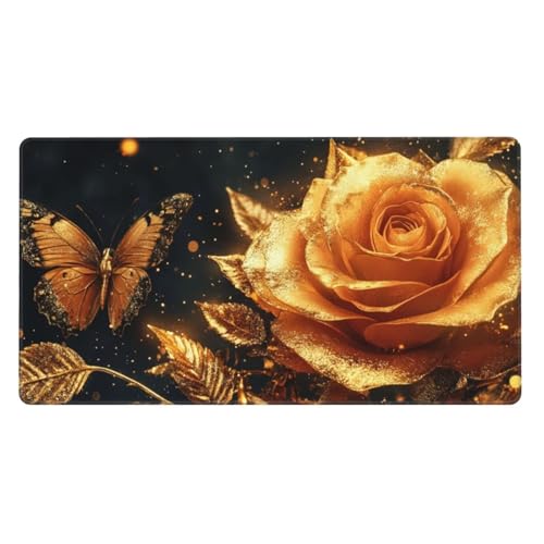 Gaming Mauspad XXL 1200 x 600 x 3mm Mousepad Verlängertes Groß Mauspad Schreibtischauflage,Genähte Kanten rutschfeste Gummibasis,Verbessert Präzision Geschwindigkeit Home Office Goldener Rosen L-2904 von Generisch