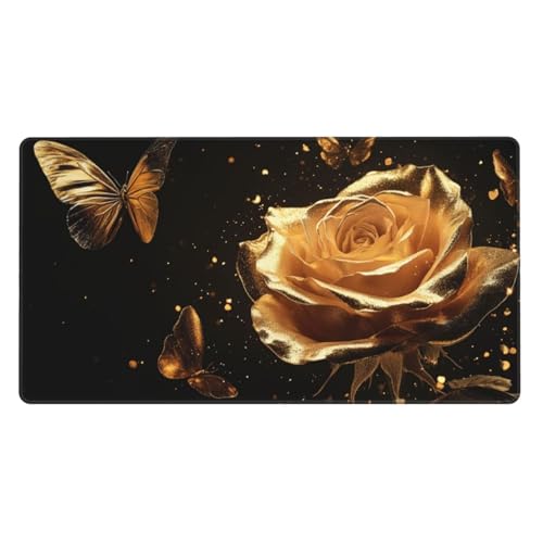 Gaming Mauspad XXL 1200x600x3mm Mousepad Verlängertes Groß Mauspad Schreibtischauflage, Genähte Kanten rutschfeste Gummibasis, Verbessert Präzision Geschwindigkeit Goldene Schmetterlingsrose L-2948 von Generisch