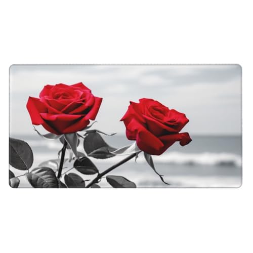 Gaming Mauspad XXL 600 x 300 x 3 mm Groß Mauspad mit Motiv, Genähten Kanten Rutschender Unterlage, Schreibtischmatte für Tastatur Maus Verbessert Präzision und Geschwindigkeit Rote Rosenblüte Z4993 von Generisch