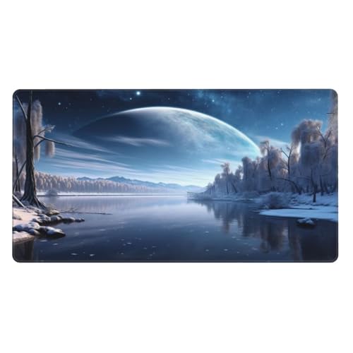 Gaming Mauspad XXL 800x300x3mm Groß Mauspad mit Motiv Genähten Kanten Rutschender Unterlage Schreibtischmatte für Tastatur und Maus für PC Laptop Schreibtisch Schutz Verschneite Nacht am See Z4983 von Generisch