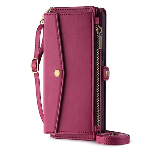 Generisch Crossbody-Hülle für iPhone 16 Pro Max/16 Pro/16 Plus/16, Leder-Geldbörsen-Hülle mit großem Fassungsvermögen und Reißverschluss, Kartenfächern, Klappständer von Generisch