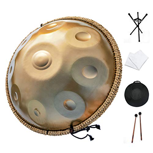 Handpan Drum Instrument in D-Moll 9 Noten 22 Zoll Stahl Hand Drum mit Soft Hand Pan Bag, 2 Handpan Hammer, Handpan Ständer, staubfreies Tuch (schwarz) (in Gold) 432/440Hz von Generisch