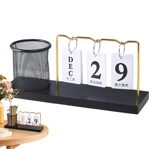 Kalender mit Stifthalter, Schreibtischkalenderhalter-Dekor | Tischkalender aus Holz mit Stifthalter | Wiederverwendbare einfache Desktop-Ornamente, multifunktionaler Briefpapier-Organizer mit Eisenrah von Generisch