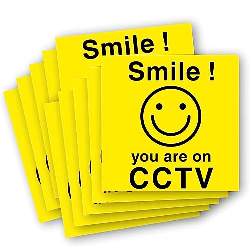 Premium-Vinyl-Aufkleber, wasserdicht, wetterfest und sonnenbeständig, Motiv: "Smile you are on CCTV", gelb, universell klebend, 24-Stunden-Überwachung, 100 x 100 mm, 6 Stück von Generisch