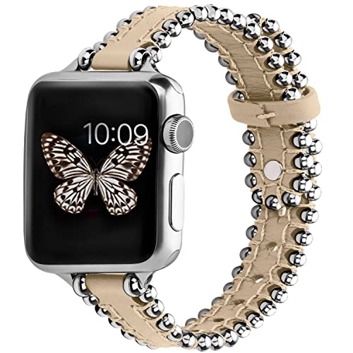 GerbGorb Apple Watch Armband Kompatibel mit Apple Watch 7 8 Armband 45mm, Apple Watch 6 5 4 SE SE2 Armband 44mm,Apple Watch 3 2 1 42mm, iWatch Ultra 49mm Lederarmband Perlen Frauen Khaki/Silber von GerbGorb