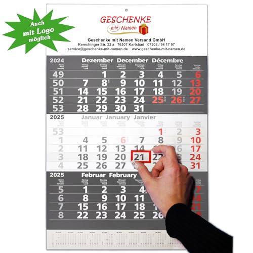 3-Monatskalender 2025 mit Ihrem Wunschdruck direkt bedruckt: Ihr Wunschtext, Logo oder beides, ca. 30 x 49 cm, 25 Stück im SPAR-SET von Geschenke mit Namen