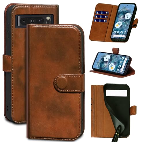 Gexmil Leder Hülle für Google Pixel 8 6.2 Inch,Echtes Leder/Standfunktion/Stoßfeste/Kartenfach/Klappbar,Flip Wallet Handyhülle Cover,Gelbbraun von Gexmil