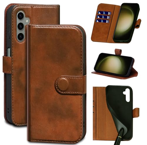 Gexmil Leder Hülle für Samsung Galaxy A14 6.6 Inch,Echtes Leder/Standfunktion/Stoßfeste/Kartenfach/Klappbar,Flip Wallet Handyhülle Cover,Gelbbraun von Gexmil