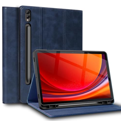 Gexmil Leder Hülle für Samsung Galaxy Tab S10+/ S9+,S9 FE+ 12.4 Zoll,mit Stifthalter,Automatischer Schlaf/Aufwachen, Folio Echtes Leder Hülle Anti-Fingerabdruck,Einstellbarer Ständer,Blau von Gexmil