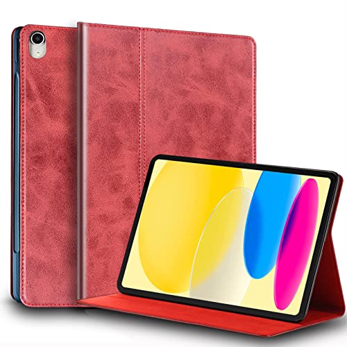 Gexmil Leder Hülle für iPad 10. Generation 2022 10,9 Zoll Echt Leder Cover Stoßfest rutschfest,Automatischer Schlaf/Aufwachen,Einstellbarer Ständer Anti-Fingerabdruck,Rot von Gexmil