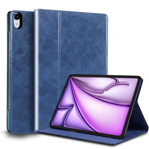 Gexmil Lerder Hülle für iPad Air 13 Zoll M2 2024 mit Einstellbarer Ständer,Protective Stoßfest Echt Leder Smart Folio Cover Automatischer Schlaf/Aufwachen rutschfest, Blau von Gexmil