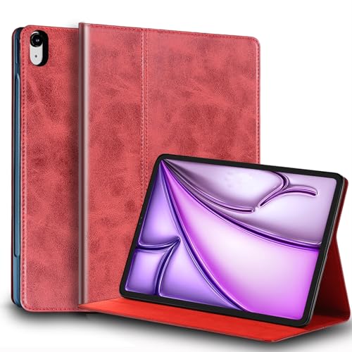 Gexmil Lerder Hülle für iPad Air 13 Zoll M2 2024 mit Einstellbarer Ständer,Protective Stoßfest Echt Leder Smart Folio Cover Automatischer Schlaf/Aufwachen rutschfest, Rot von Gexmil