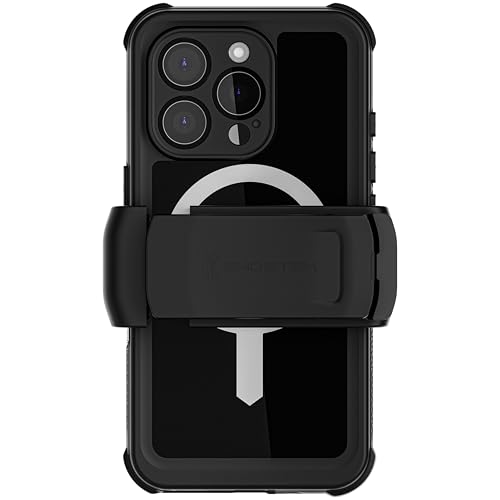 Ghostek Nautical Wasserdichte Schutzhülle für iPhone 16 Pro mit Gürtelclip-Holster, Bildschirm- und Kameraschutz, kompatibel mit Apple MagSafe, robuste, robuste Hülle (6,3 Zoll, Schwarz) von Ghostek