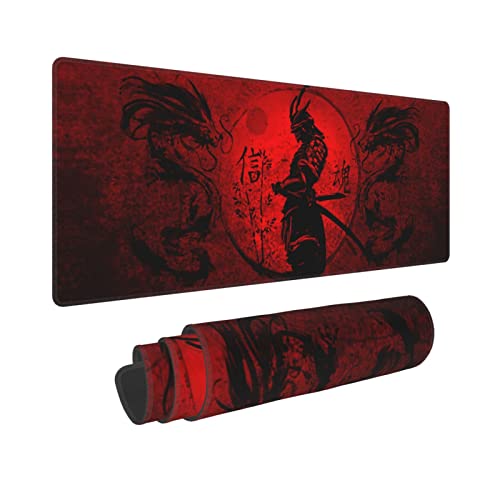 Mauspad mit japanischem Samurai, cooles Anime, roter und schwarzer Drache, XL, verlängerte Schreibtischmatte, rutschfeste Gummiunterseite, genähter Rand, Gaming-PC, Desktop, großes Mauspad, 80 x 30 cm von Gianlaima