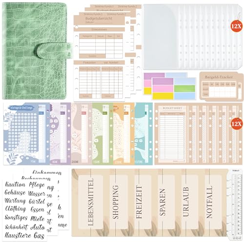 Budget Planner Deutsch | Binder - Sparchallenge Bugetplaner Deutsch, Giantzhong Budget Binder A6 Leder Startset, Geldumschläge Umschlagmethode - Finanzplaner Haushaltsbuch - Cash Stuffing (Grün) von Giantzhong