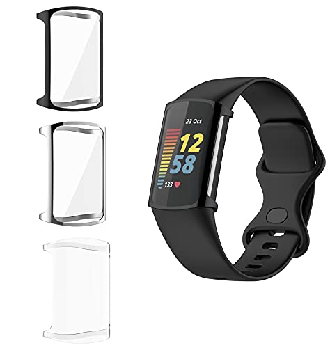 Giaogor Schutzhülle Kompatibel mit Fitbit Charge 5, Flexibles TPU Vollschutz mit Displayschutzfolie Kratzfest Displayschutz Schutz Hülle Für Fitbit Charge 5 Tracker (Schwarz+transparent+Silber) von Giaogor