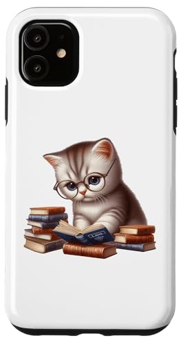 Hülle für iPhone 11 Niedliches Kätzchen-Bücherwurm, entzückende Katze mit Brille, Lesebuch von GibberShirt