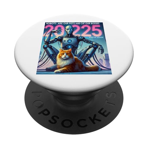 Lustiger Roboter gegen Katze, Geschenk für Männer und Frauen PopSockets Klebender PopGrip von Gift for Cat Lovers Funny Graphic Tee Catzilla