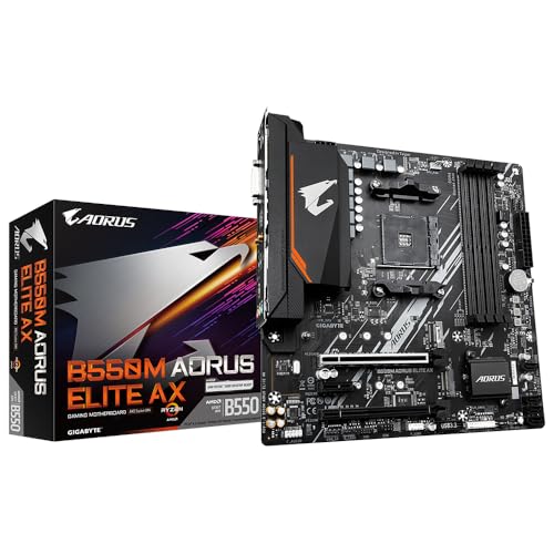 Gigabyte B550M AORUS Elite AX Mainboard - Unterstützt AMD Ryzen 5000 CPUs, 5+3 Phasen Pure Digital VRM, bis zu 4733MHz DDR5 (OC), 1xPCIe 4.0 M.2, Wi-Fi 6E, GbE LAN, USB 3.2 Gen 2 von Gigabyte