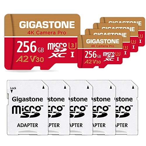 [5 Jahre kostenlose Datenwiederherstellung] GIGASTONE 256GB MicroSDXC Speicherkarte 5-Pack+SD-Adapter,Kamera,GoPro Switch,speed 100 MB/s,MicroSD Karte von Gigastone