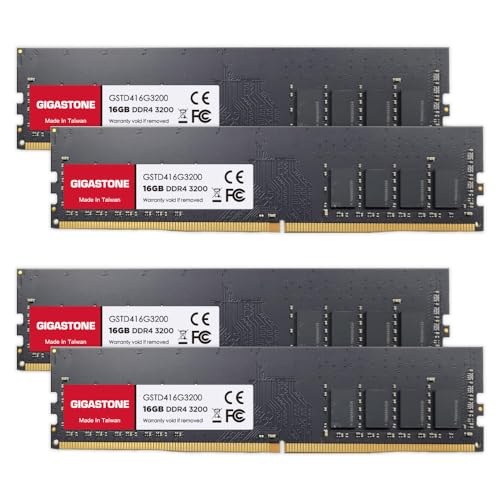 【DDR4 RAM】 GIGASTONE 64GB Kit (4x16GB) DDR4 3200MHz (2933MHz or 2666MHz) PC4-25600(PC4-23400, 21300) CL22 1.2V UDIMM 288Pin Nicht-ECC ungepuffert PC Desktop Hochleistung Arbeitsspeicher Upgrade von Gigastone