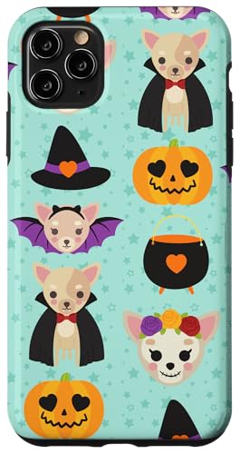 Hülle für iPhone 11 Pro Max Halloween Chihuahua Hunde Niedlicher Vampir Kürbis Hellblau von Gildel Design