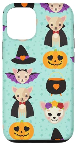 Hülle für iPhone 15 Halloween Chihuahua Hunde Niedlicher Vampir Kürbis Hellblau von Gildel Design