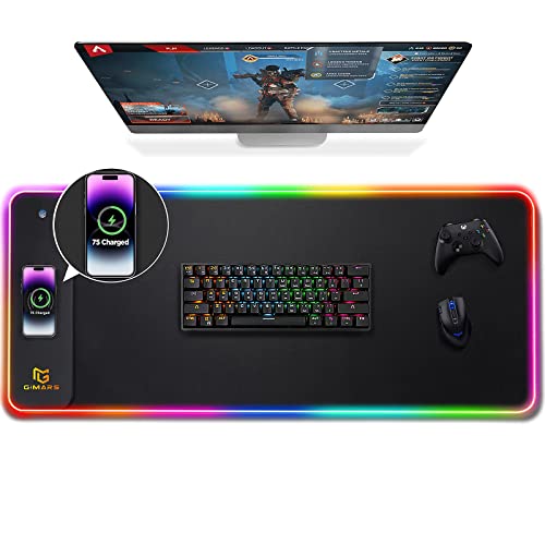 Gimars Upgrade Gaming Mauspad RGB, 15W Kabelloser Schnellladung, 800x300x5mm, Mousepad XXL mit 10 Farben LED-Licht, Groß LED Mouse Pad Gaming Zubehör mit Glatter Oberfläche, Rutschfester Gummifuß von Gimars