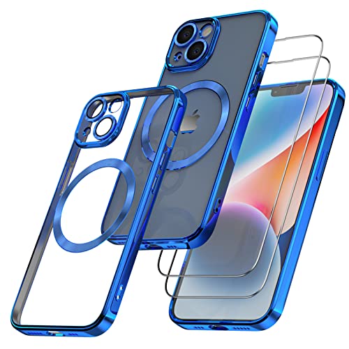 Giolus Clear für iPhone 14 Hülle Kompatibel mit MagSafe mit Kameraschutz und 2 Stück Schutzfolie, Magnetisch Transparent Silikon Handyhülle Durchsichtig Dünn Stoßfest Kratzfeste Schutzhülle Blau von Giolus