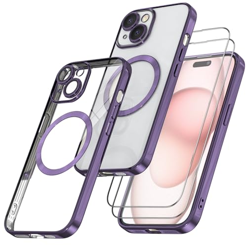 Giolus Clear für iPhone 15 Hülle Kompatibel mit Mag-Safe mit Kameraschutz und 2 Stück Schutzfolie, Durchsichtig Magnetisch Dünn Silikon Handyhülle Stoßfest Kratzfeste Schutzhülle Lila von Giolus