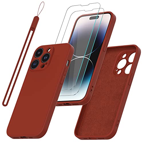 Giolus Hülle Kompatibel mit iPhone 14 Pro Hülle Silikon mit Kameraschutz und 2 Stück Schutzfolie, Dünn Liquid Silicone Handyhülle Stoßfeste Matte Schutzhülle Rundumschutz Soft Case Cover Rot von Giolus