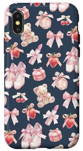 Hülle für iPhone X/XS Niedlicher Bär und Ballett-Tanzschuhe, marineblauer von Girly rosa Bänder und Schleifenmuster