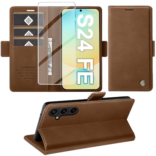 Giyer Handyhülle für Samsung Galaxy S24 FE Hülle mit Schutzfolie, Schutzhülle Galaxy S24 FE 5G PU Leder Wallet Flip Case Standfunktion Kartenfach Klapphülle für Samsung S24 FE Cover Tasche (Braun) von Giyer