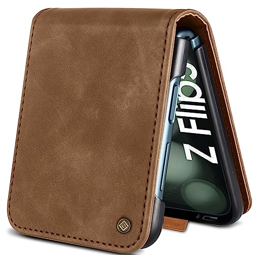 Giyer Handyhülle für Samsung Galaxy Z Flip 5 Hülle, Schutzhülle Galaxy Z Flip 5 5G PU Leder Wallet Flip Case Standfunktion Kartenfach Klapphülle für Samsung Z Flip 5 Cover (Braun) von Giyer