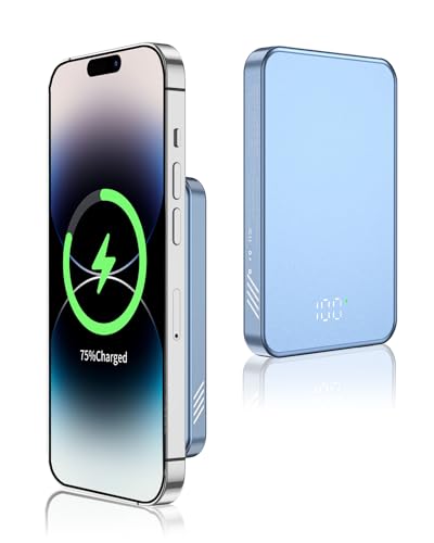 Gladgogo Magnetische Wireless Power Bank mit Mag-Safe, 10000mAh Akku Pack mit LED Display, iPhone Ladegerät Pack Kompatibel für iPhone 15/14/12- Blau von Gladgogo