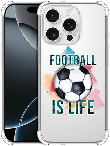 GlamCase Transparente Schutzhülle für iPhone 16 Pro, iPhone 16 Pro, Motiv: Fußball ist Leben, bedruckt, transparent, stoßfest, Designer-Rückseite, transparent von GlamCase