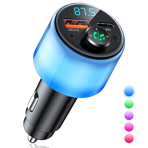 Glangeh Bluetooth 5.3 Adapter Auto mit Vollflächiger Umgebungsbeleuchtung in 5 Farben, PD30 W + QC3.0 Dual-Port-Schnellladegerät, FM Transmitter mit Freisprechfunktion, Hi-Fi-Musikplayer/Auto-Kit von Glangeh