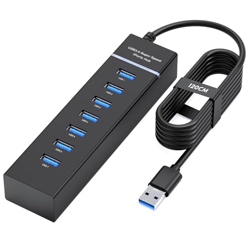 GlasFlength 7 Port USB Hub, 120CM Lang Kabel Verteiler 3.0 für Laptop Splitter Kompatibel mit MacBook Super Speed 5Gbps Datenhub Port Hub für Mobile HDD Surface Pro Schnelle Datenübertragung von GlasFlength