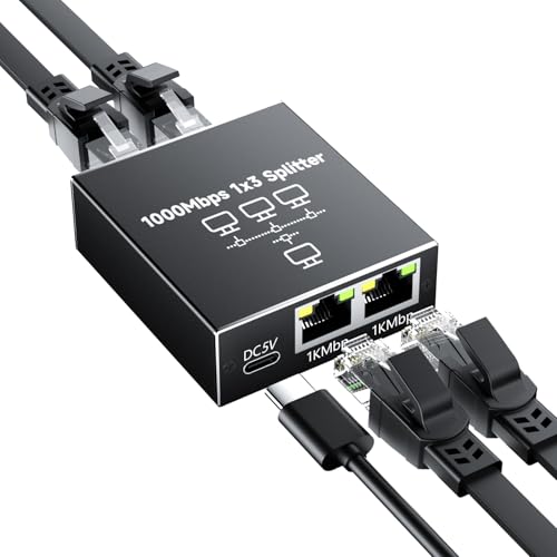 GlasFlength LAN Splitter 1 Auf 3 1000Mbps Ethernet Splitter, LAN Switch 4 Port Mit Type-C-Netzkabel Gigabit Ethernet Switch Stromkabel für Computer Hubs Switches Router Set-Top Box Digital TV et von GlasFlength