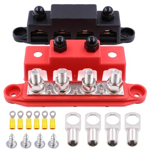 Gloaso 12V Sammelschiene 250A Stromverteilungsblock mit 4x M10 Bolzenklemmen Anschlussblöcke 12 Volt Sammelschienen, 48V DC Batterie Bus Bars mit Abdeckung, Rot& Schwarz, 2er Pack von Gloaso