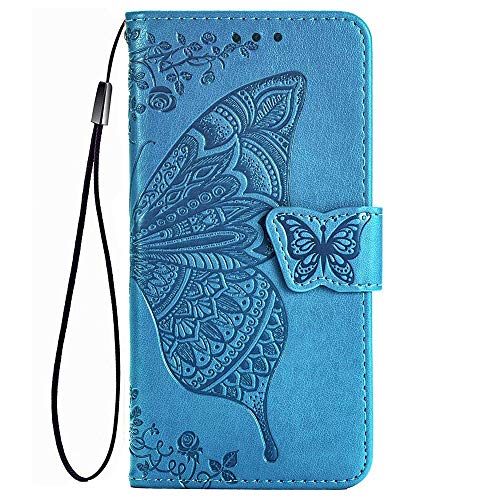 TANYO Hülle für Samsung Galaxy A21s, Schutzhülle PU/TPU Flip Leder Brieftasche Handytasche mit Kartenfächer, Klapp Handyhülle 3D Schmetterling Blau von Glracd