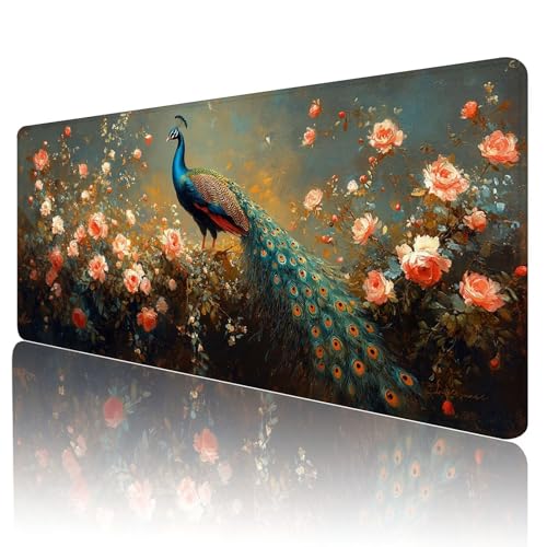 Gaming Mauspad Blumen Mousepad XXL 800x300 mm einfach zu reinigen,Maschinenwaschbar Mouse pad Pfau Großer Erweiterter Schreibtischunterlage Mouse mat, Verbessert Präzision und Geschwindigkeit, d-30 von Gmeignl