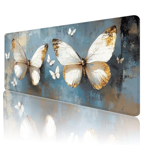 Mauspad XXL 700 x 300 mm Gaming Mauspad Groß Mousepad Schmetterling Schreibtischunterlage mit Genähten Kanten Mouse Pad Weiß Wasserdicht Anti-Rutsch Gummibasis Desk mat für Home Office Geschenk, d-29 von Gmeignl