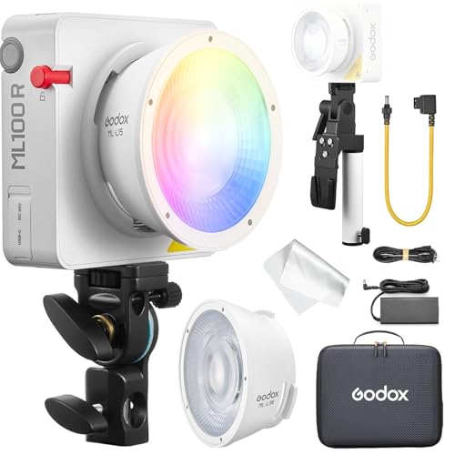 Godox ML100R Kit1 Vollfarb-RGB LED-Videoleuchte mit austauschbarem 15° & 36° Linsenreflektor, V-Mount-Batteriegriff, 1800-10000K CCT, 14 filmische FX-Effekte & App-Steuerung Godox ML100R Kit1 Vollfarb-RGB LED-Videoleuchte mit austauschbarem 15° & 36° Linsenreflektor, V-Mount-Batteriegriff, 1800-10000K CCT, 14 filmische FX-Effekte & App-Steuerung von Godox