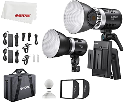 Godox ML30 ML30BI 40W LED-Licht Silent Mode Tragbare Helligkeitsanpassung Unterstützung Li-Ion mit AC-Netzteil LED-Außenbeleuchtung + 2xNP970 Lithiumbatterie (ML30-K2 Doppellampenset) von Godox