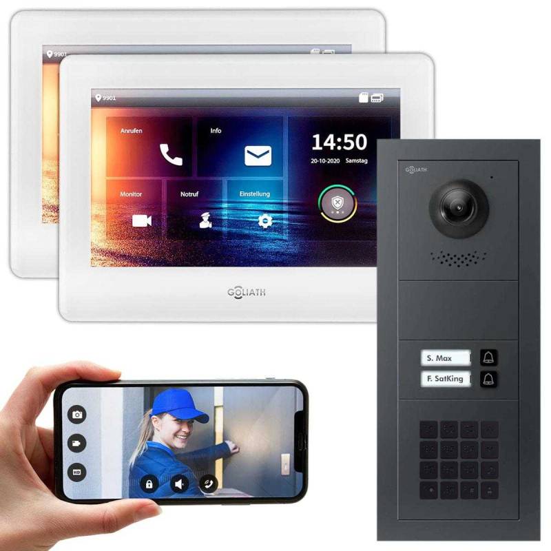 GOLIATH 2-Draht modulare Video Türsprechanlage Anthrazit/Weiß Unterputz Set für 2 Familienhaus 2x 7 Monitor 2 Familienhaus Anthrazit + KeyPad Modul Weiß von Goliath-Intercom