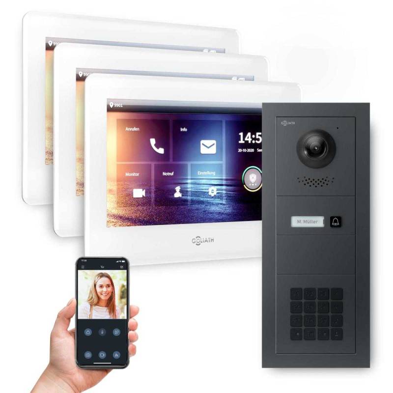 GOLIATH 2-Draht modulare Video Türsprechanlage Unterputz Set für 1 Familienhaus 3x 7 Monitor 1 Familienhaus Anthrazit + KeyPad Modul Weiß von Goliath-Intercom